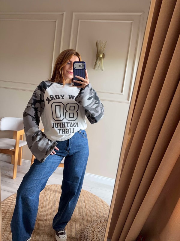 Bisiklet Yaka SweatshirtKadın New York Kamuflaj Reglan Sweatshirt - Gri