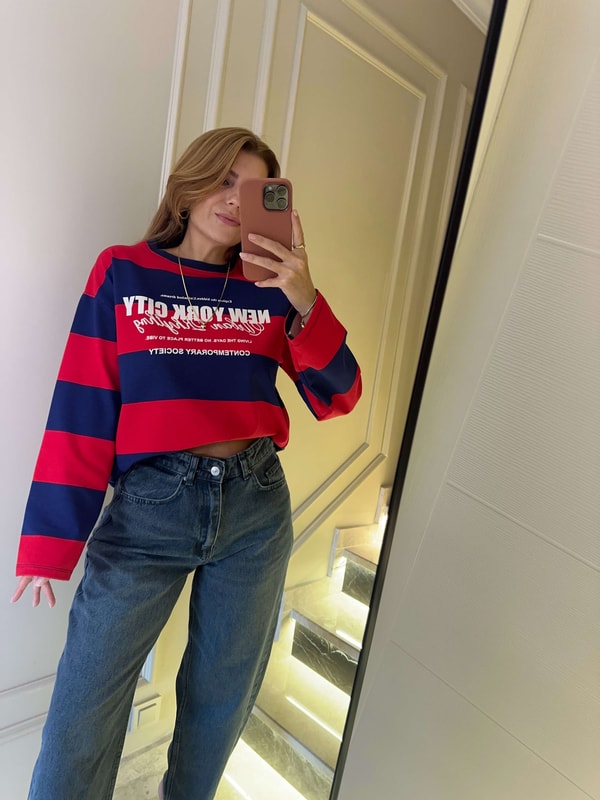 Bisiklet Yaka SweatshirtKadın NYC Baskılı Çizgili Sweatshirt - LacivertKırmızı