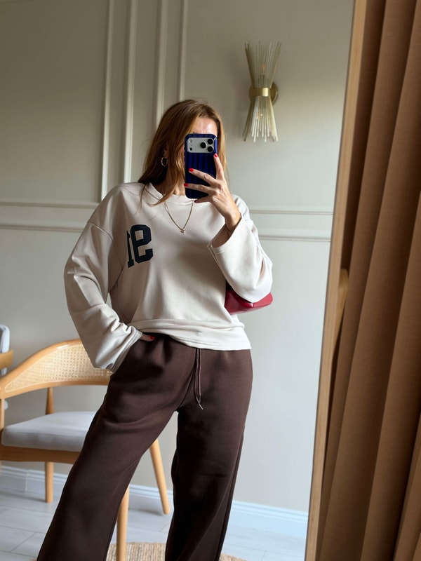 Baskılı SweatshirtKadın Ön Arka 91 Baskılı Sweatshirt - Bej