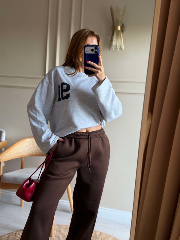 Baskılı SweatshirtKadın Ön Arka 91 Baskılı Sweatshirt - Melanj Gri