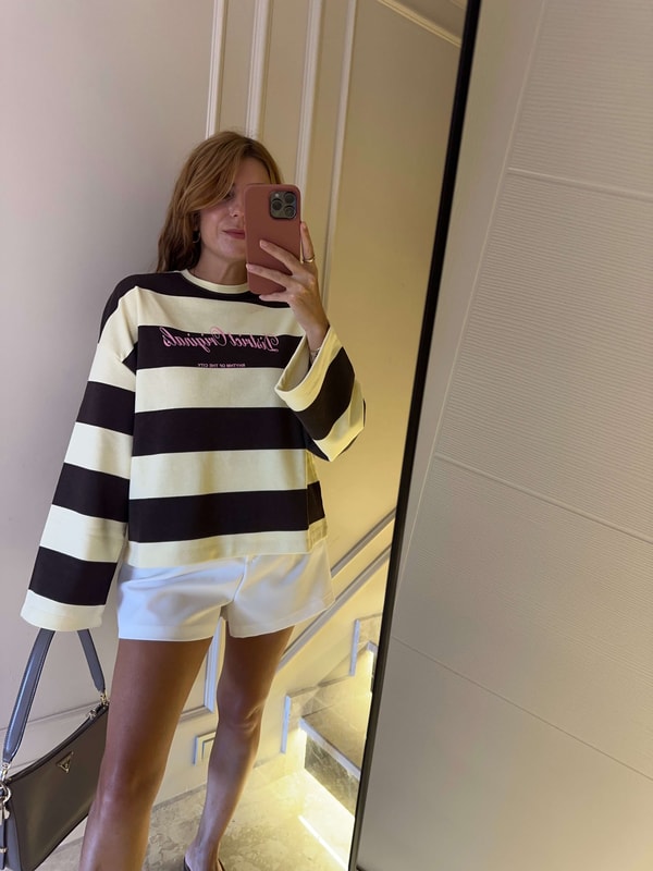 Bisiklet Yaka SweatshirtKadın Ön Arka Baskılı Çizgili Sweatshirt - KahveSarı