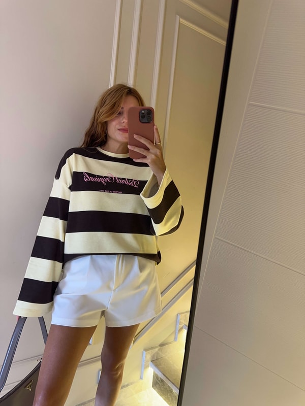 Bisiklet Yaka SweatshirtKadın Ön Arka Baskılı Çizgili Sweatshirt - KahveSarı
