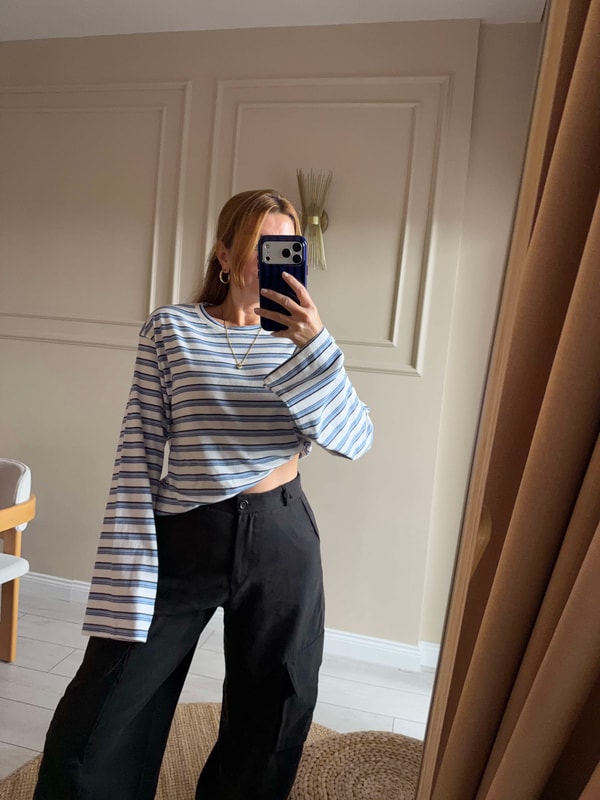 Uzun Kollu BluzKadın Oversize Çizgili Bluz - Bebe Mavi