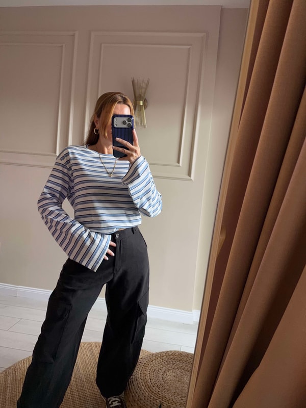 Uzun Kollu BluzKadın Oversize Çizgili Bluz - Bebe Mavi