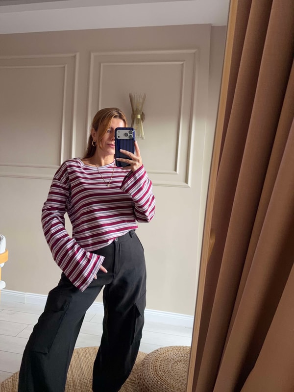 Uzun Kollu BluzKadın Oversize Çizgili Bluz - Bordo