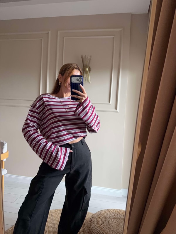 Uzun Kollu BluzKadın Oversize Çizgili Bluz - Bordo