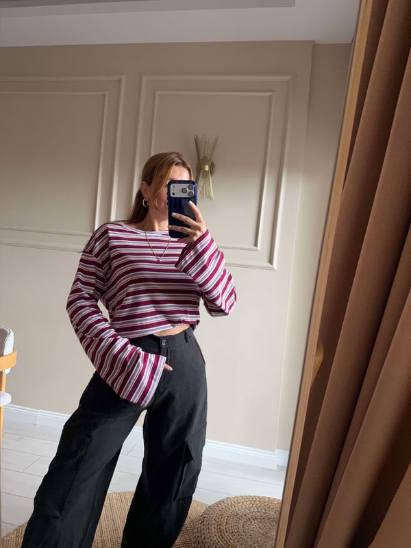 Uzun Kollu BluzKadın Oversize Çizgili Bluz - Bordo