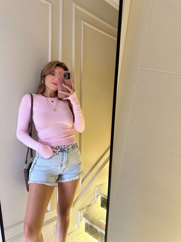 Uzun Kollu BluzKadın Pembe Bisiklet Yaka Parmak Geçmeli Bluz