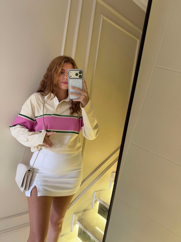 Salaş SweatshirtKadın Polo Yaka Çizgili Oversize Sweatshirt - Krem