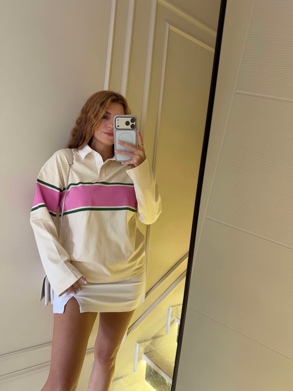 Salaş SweatshirtKadın Polo Yaka Çizgili Oversize Sweatshirt - Krem