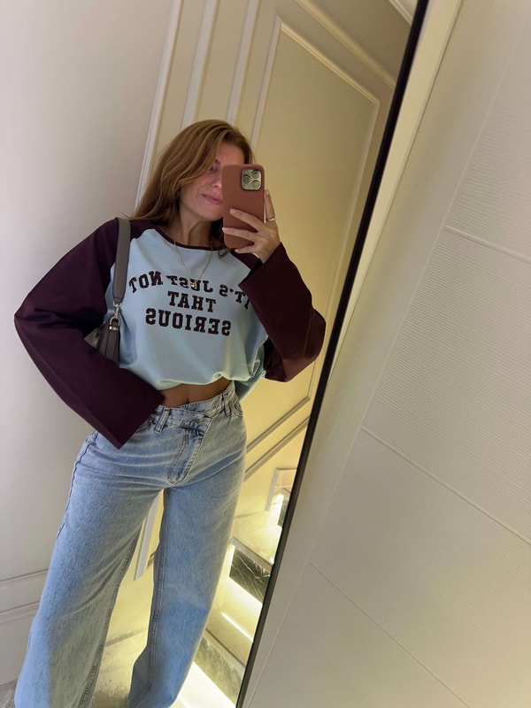 Bisiklet Yaka SweatshirtKadın Reglan Kollu Baskılı Sweatshirt - BordoMavi
