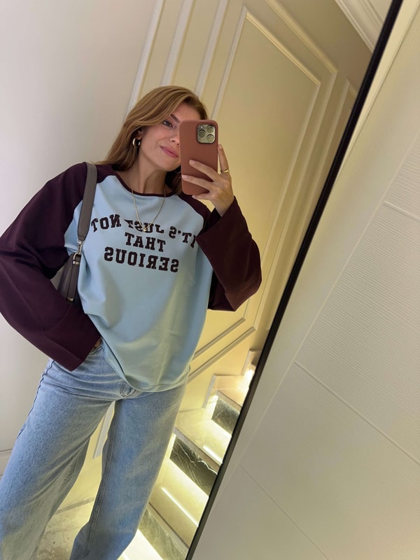 Bisiklet Yaka SweatshirtKadın Reglan Kollu Baskılı Sweatshirt - BordoMavi