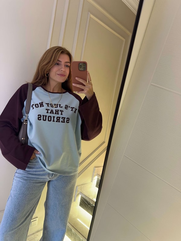 Bisiklet Yaka SweatshirtKadın Reglan Kollu Baskılı Sweatshirt - BordoMavi
