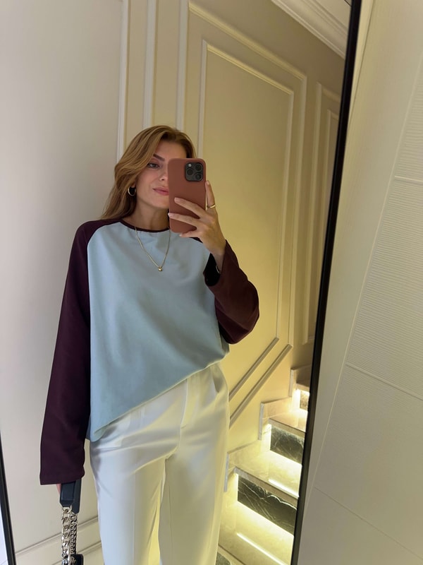 Bisiklet Yaka SweatshirtKadın Reglan Kollu Çift Renk Sweatshirt - BordoMavi