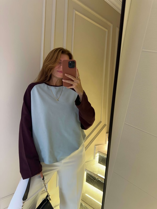 Bisiklet Yaka SweatshirtKadın Reglan Kollu Çift Renk Sweatshirt - BordoMavi