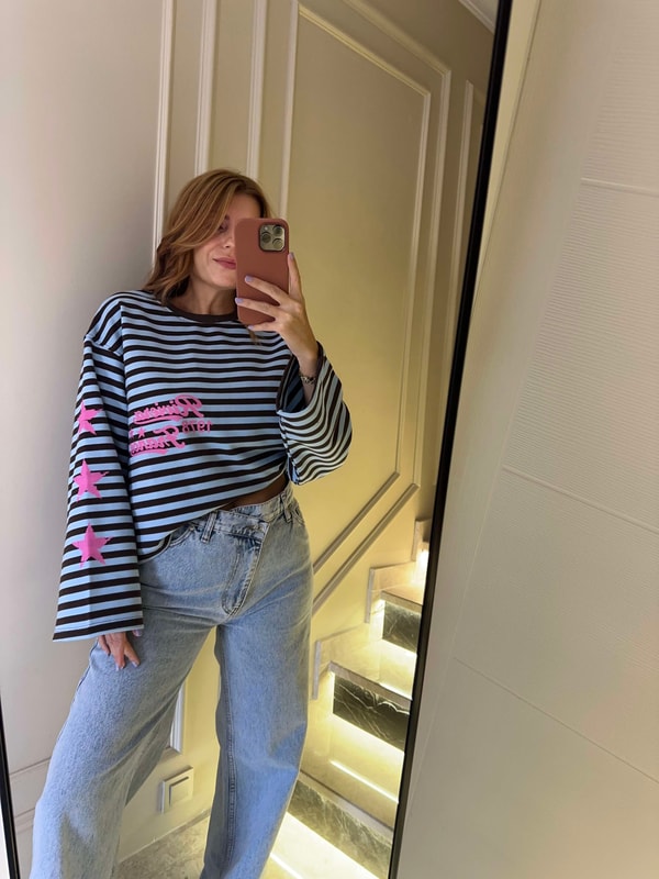 Bisiklet Yaka SweatshirtKadın Riviera Baskı Çizgili Sweatshirt - Mavi