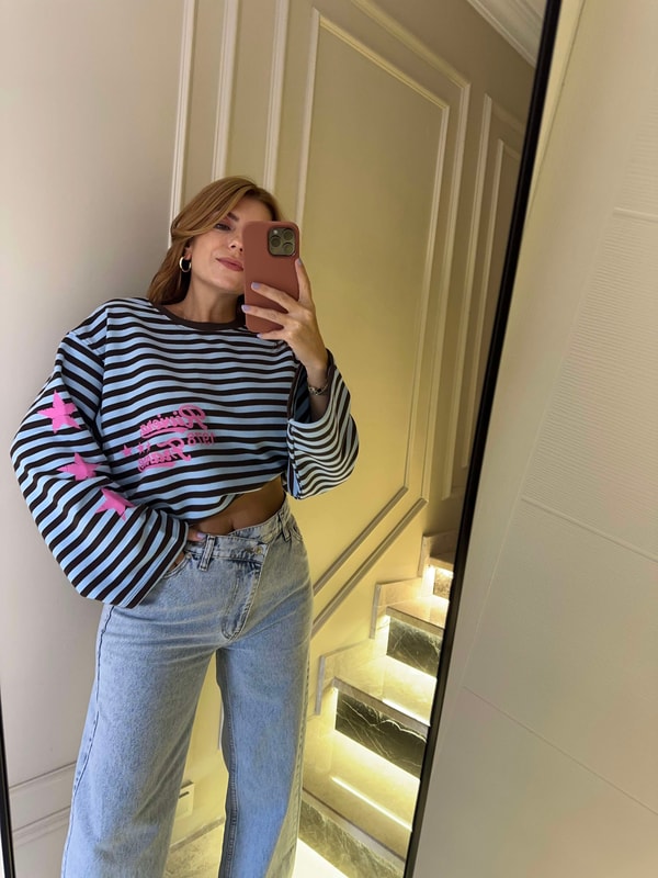 Bisiklet Yaka SweatshirtKadın Riviera Baskı Çizgili Sweatshirt - Mavi