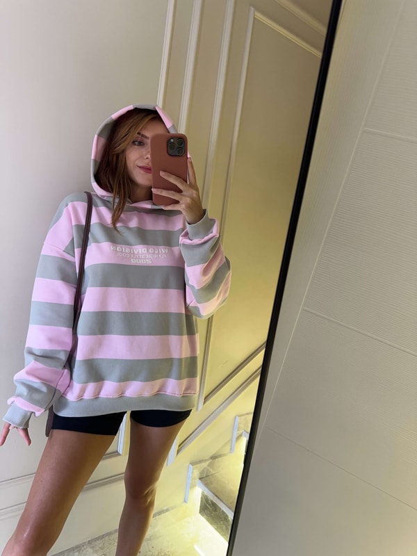 SweatshirtKadın Şardonlu Çizgili Kapşonlu Sweathirt
