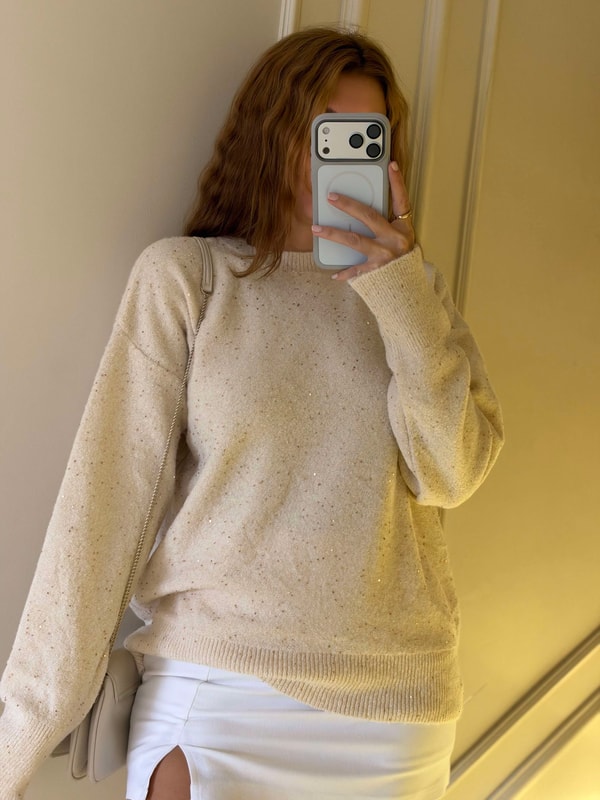 KazakKadın Simli Oversize Kazak - Krem