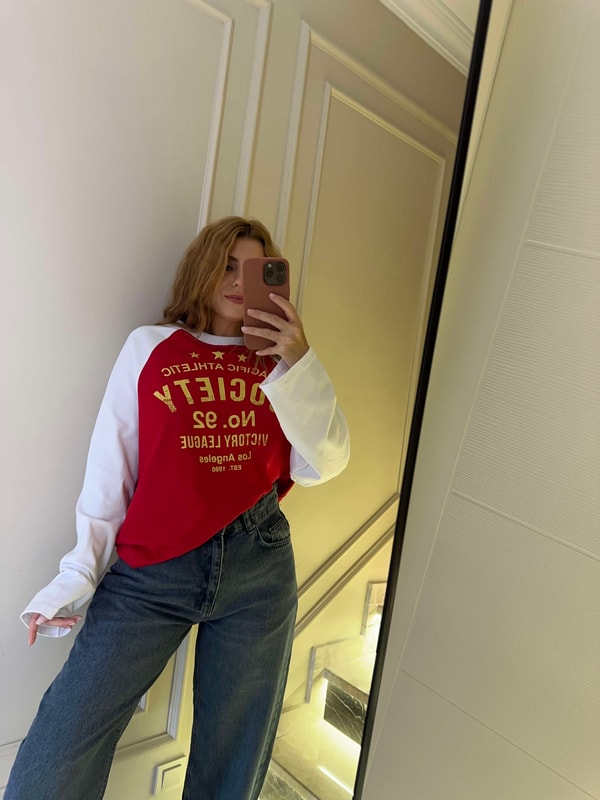 Uzun Kollu BluzKadın Society Baskılı Çift Renk Sweatshirt - Kırmızı