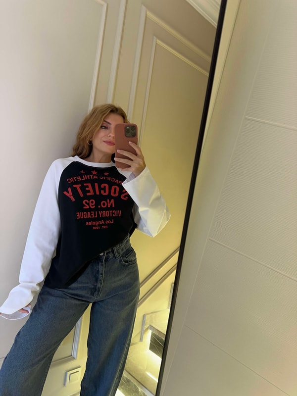 Uzun Kollu BluzKadın Society Baskılı Çift Renk Sweatshirt - Siyah