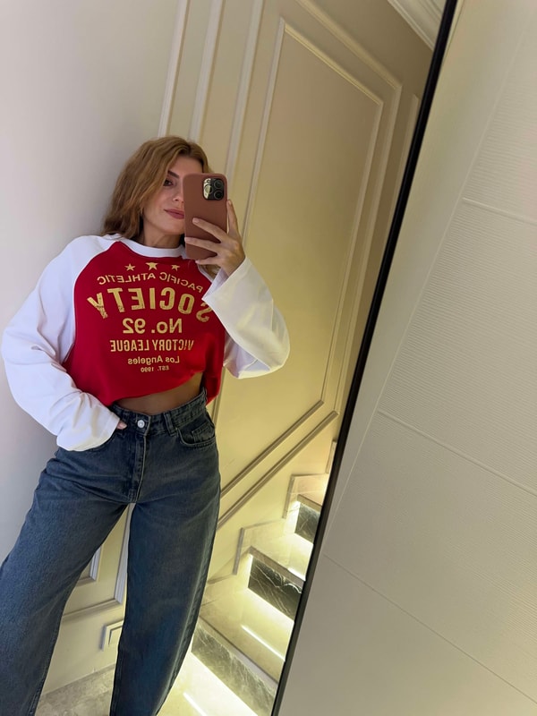 Uzun Kollu BluzKadın Society Baskılı Çift Renk Sweatshirt - Kırmızı