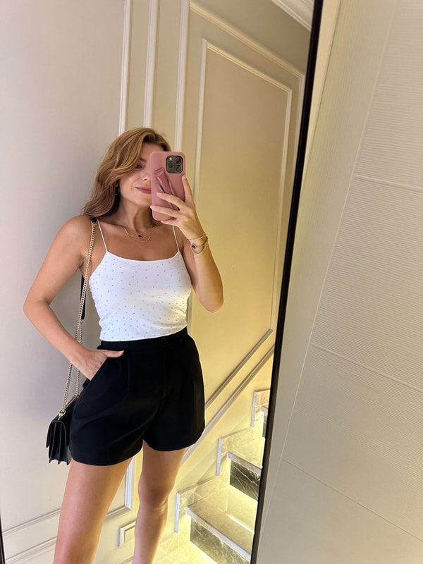 Askılı BluzKadın Taşlı Beyaz İp Askılı Uzun Atlet