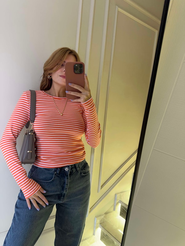 Uzun Kollu BluzKadın Uzun Kollu Çizgili Body - Turuncu