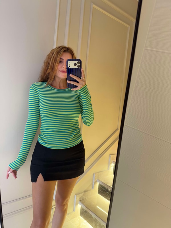 Uzun Kollu BluzKadın Uzun Kollu Çizgili Body - YeşilMavi
