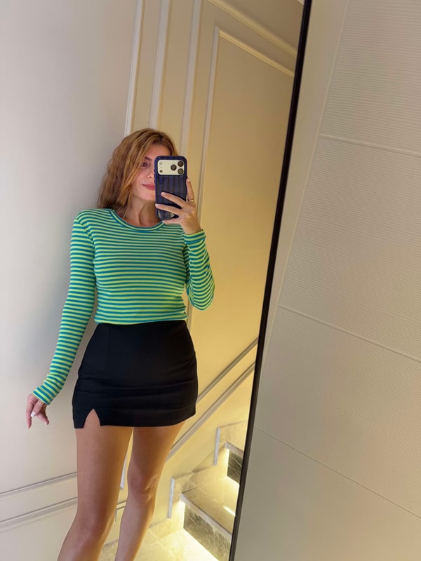 Uzun Kollu BluzKadın Uzun Kollu Çizgili Body - YeşilMavi