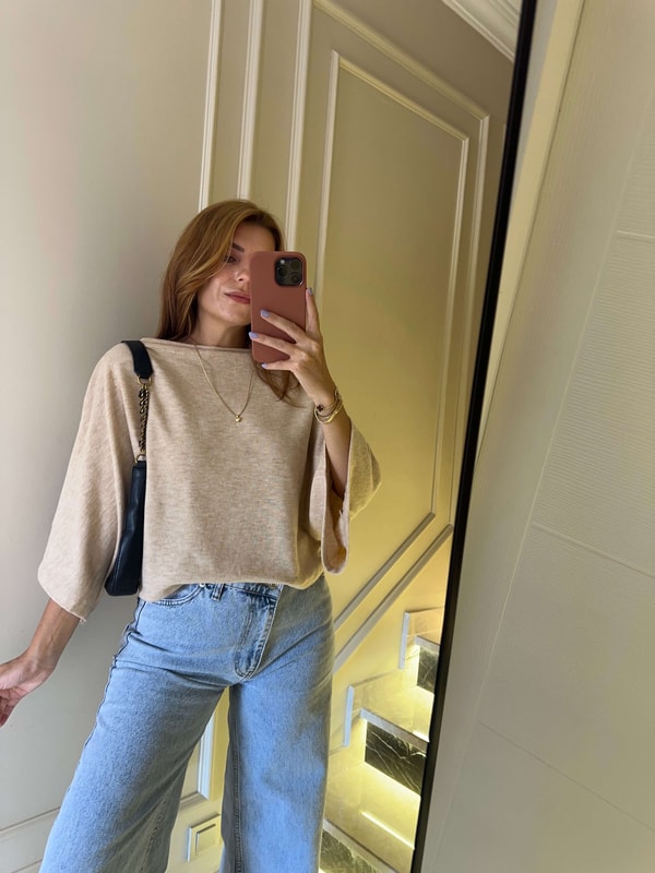 Uzun Kollu BluzKadın Yarasa Kol Panço Bluz - Bej