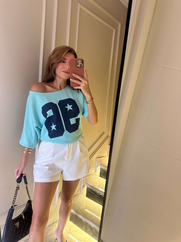 Kısa Kollu BluzKadın Yeşil Kayık Yaka 96 Baskılı Bluz