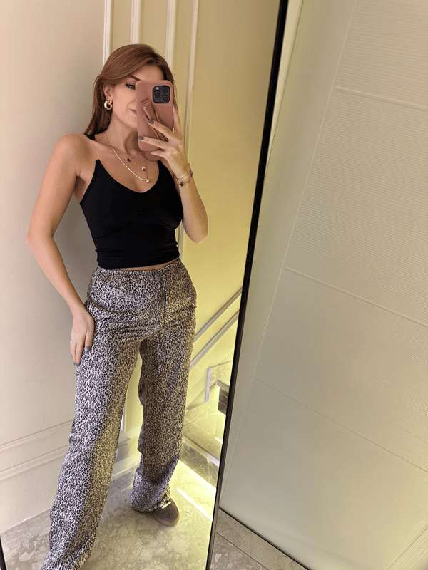 PantolonKahve Desenli Saten Pantolon