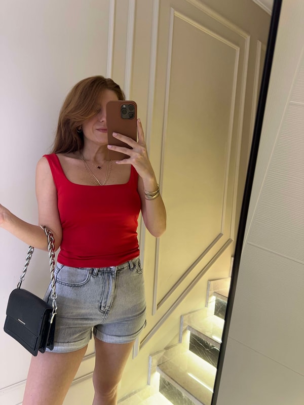 Askılı BluzKırmızı Ön Arka Kare Yaka Crop Body
