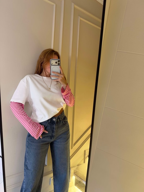 Uzun Kollu BluzKolları Çizgili Kadın Uzun Kol Bluz - Pembe