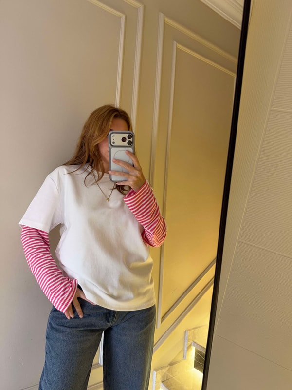 Uzun Kollu BluzKolları Çizgili Kadın Uzun Kol Bluz - Pembe