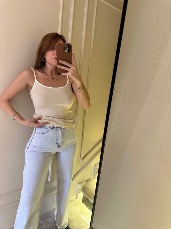 Askılı BluzKrem Kontrast Şeritli Askılı Bluz