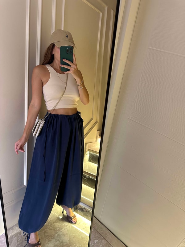 PantolonLacivert Beli Ayarlanabilir Bol Paça Pantolon