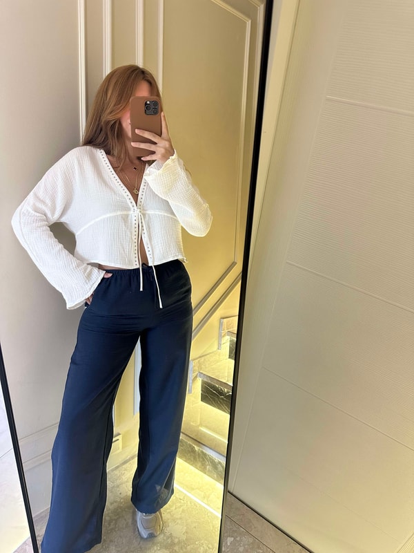 Keten PantolonLacivert Beli Bağcıklı Bol Paça Keten Pantolon