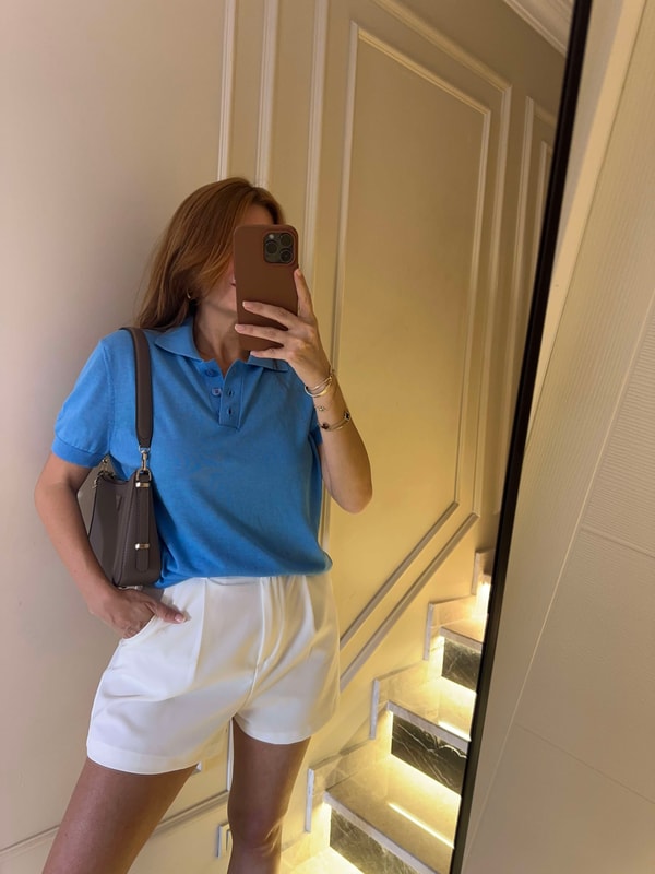 Triko BluzMavi Polo Yaka İnce Triko Bluz