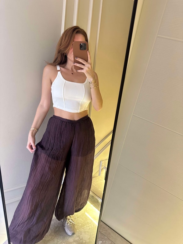 PantolonMürdüm Transparan Şortlu Balon Pantolon