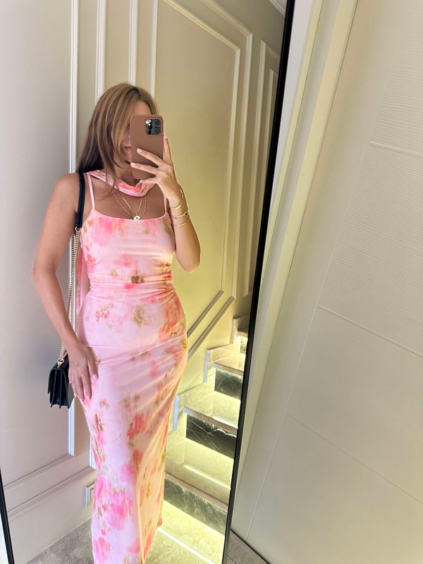 Askılı ElbisePembe Çiçek Desen Fularlı Tül Elbise