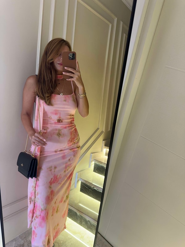 Askılı ElbisePembe Çiçek Desen Fularlı Tül Elbise