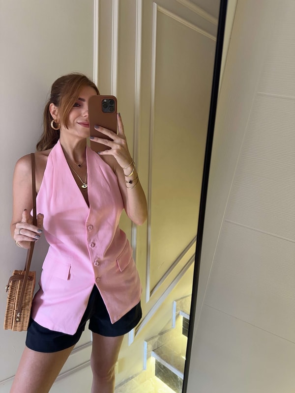 YelekPembe Halter Yaka Düğmeli Keten Yelek