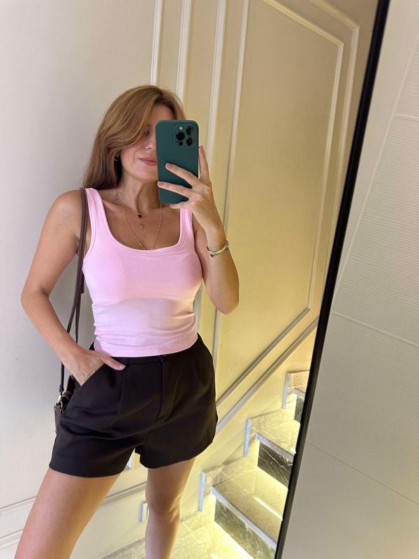 Askılı BluzPembe Kare Yaka Gloplu Bluz