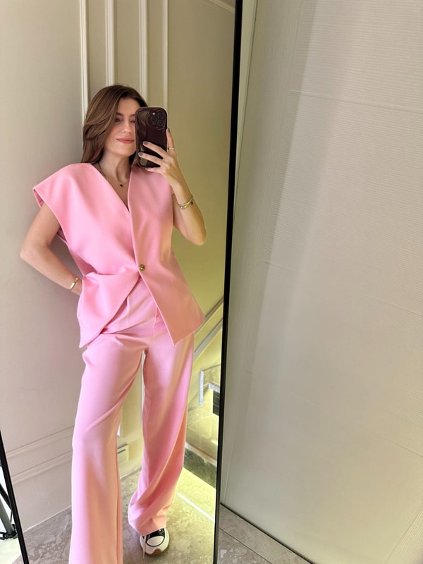 Pantolonlu TakımPembe Palazzo Pantolon Yelekli Takım