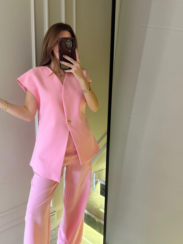 Pantolonlu TakımPembe Palazzo Pantolon Yelekli Takım
