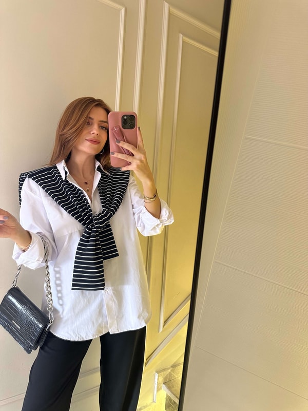 GömlekSiyah Çizgili Atkı Detay Beyaz Gömlek