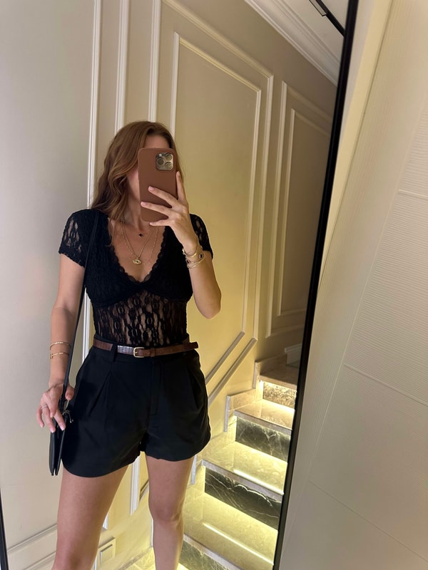 Kısa Kollu BluzSiyah Güpürlü Bodysuit Zıbın