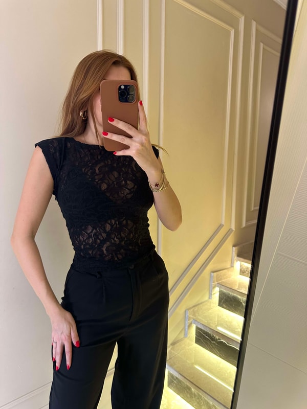 Kısa Kollu BluzSiyah Kısa Kol Güpür Bluz